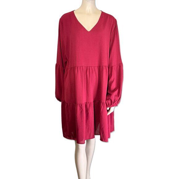 Dark Red Babydoll V-Neck Dress with Balloon Sleeves – Size XL - Picture 1 of 5